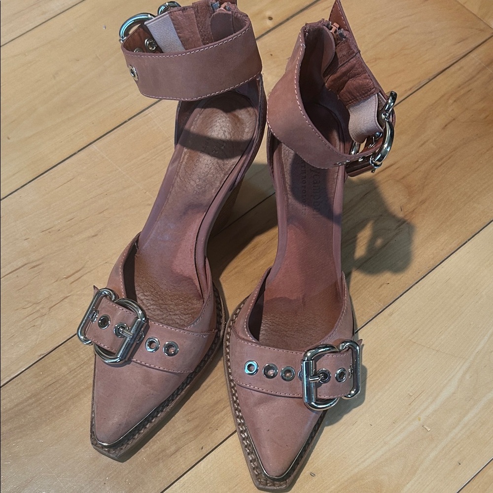 Jeffrey Campbell Mauve Pink Pointed Toe Ankle Strap Heels with Silver Buckles